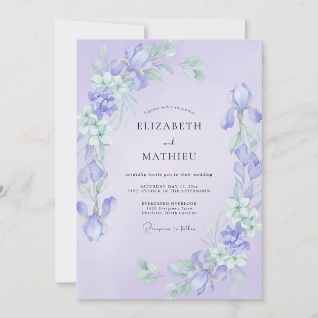 Flieder-Iris-Eukalyptus-Hochzeit Einladung (Vorderseite)
