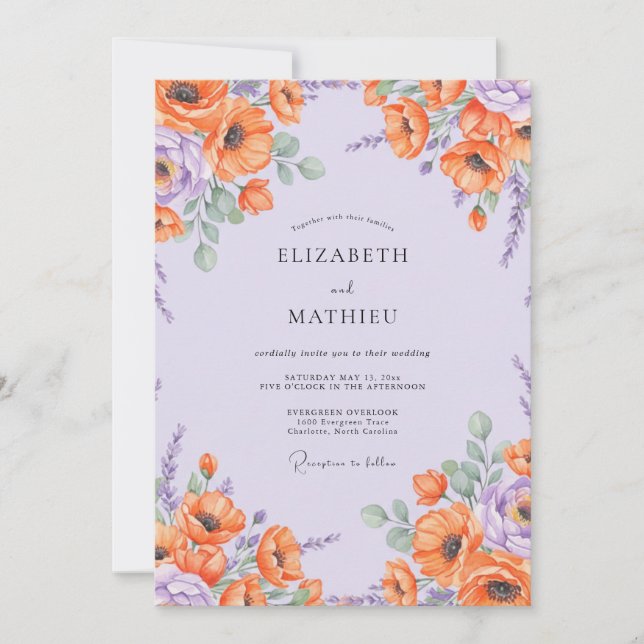 Flieder Orange Mohn Hochzeit Einladung (Vorderseite)