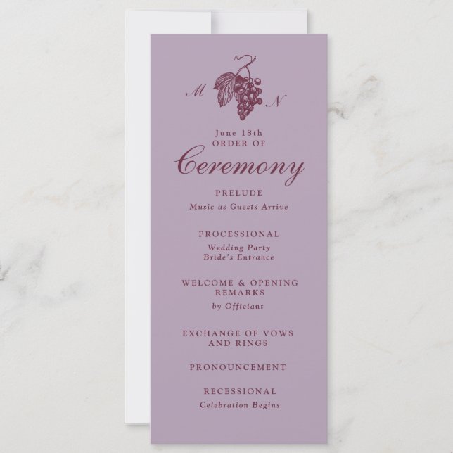 Flieder-Pflaume-Trauben-Monogramm-Hochzeitsprogram Einladung (Vorderseite)