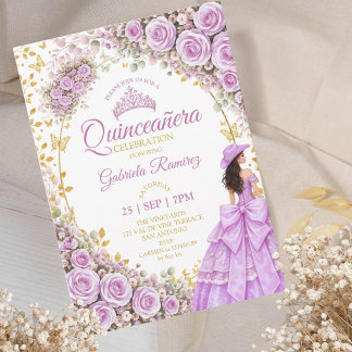 Flieder Purpur Rosen Goldene Western Quinceañera Einladung