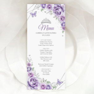 Flieder Purpur Silber Floral Quinceanera Menükarte