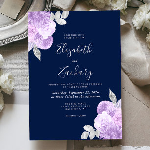 Flieder Silber Blumen Navy Blau Hochzeit Einladung