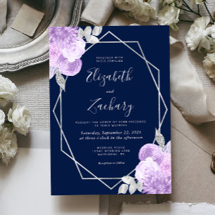 Flieder Silber Blumen Navy Blau Hochzeit Einladung