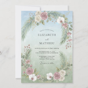Flieder-Tropenpalmen-Eukalyptus-Hochzeit Einladung