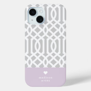 Flieder- und graues Gitter-Herz-Monogramm Case-Mate iPhone Hülle