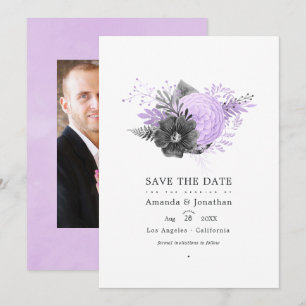 Flieder- und Holzkohle-Blumenhochzeitsfoto Save The Date
