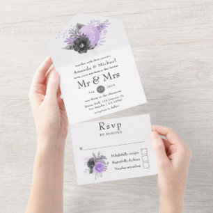 Flieder- und Holzkohlenblumen-Hochzeit All In One Einladung