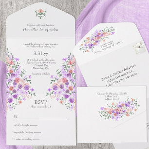 Flieder- und Pfirsichrosenstrauß-Hochzeit All In One Einladung