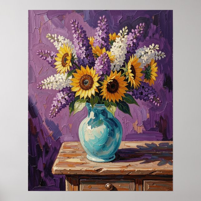 Flieder und Sonnenblumen | Botanisches Design   Poster (Vorne)
