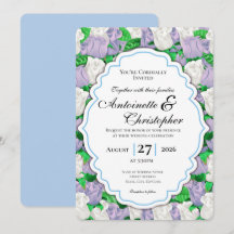 Flieder- und weiße Rosen-Hochzeitseinladung mit bl