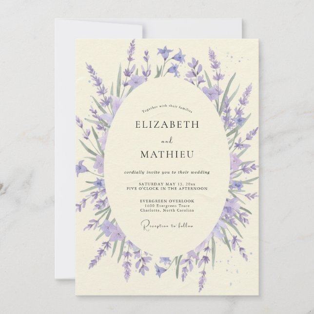 Flieder-Veilchen-Kranz-Hochzeit Einladung (Vorderseite)