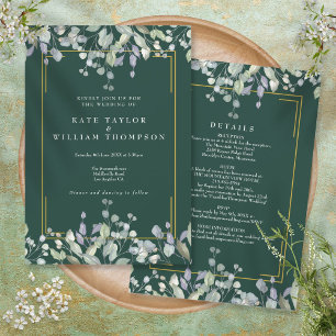 Fliederblüten-Smaragd-Hochzeitsdetails auf einen B Einladung