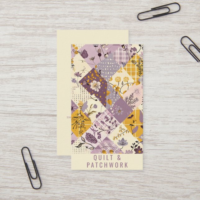 Fliederfarbene Gelbe Patchwork-Quilt-Handmade-Klei Visitenkarte (Vorderseite/Rückseite Beispiel)