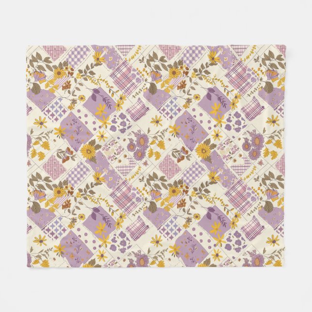 Fliederfarbene Gelbe Patchwork-Quiltdecke im Landh Fleecedecke (Vorderseite (Horizontal))