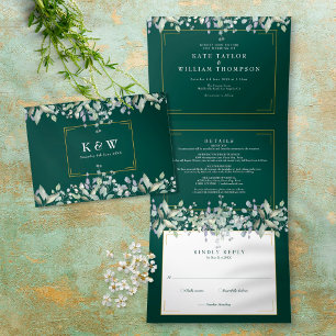 Fliederlaub Smaragd-Monogramm-Foto-Hochzeit Dreifach Gefaltete Einladung