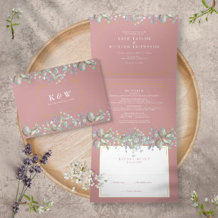 Fliederlaub Staubige Rose Monogramm Foto Hochzeit Dreifach Gefaltete Einladung