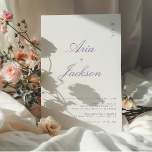 Fliederlila Kalligrafie Moderne QR-Code-Hochzeit Einladung