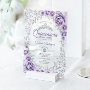 Fliederlila Silber Blumen Quinceanera Acryleinladungen