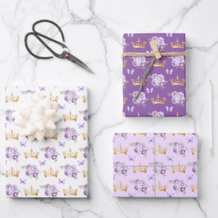 Fliederpurpurblüten und goldene Kronen Geschenkpapier Set