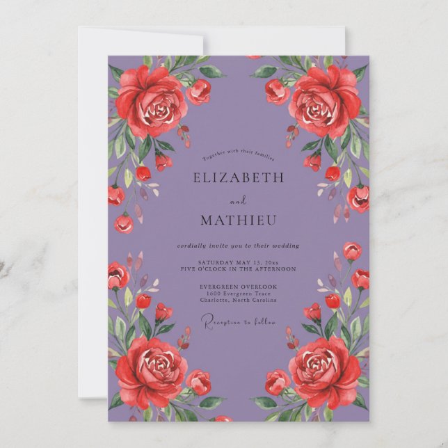 Fliederrote Rosenhochzeit Einladung (Vorderseite)