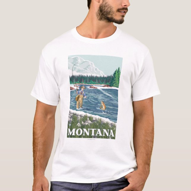 Fliege FishermanMontanaVintage Reise-Plakat T-Shirt (Vorderseite)