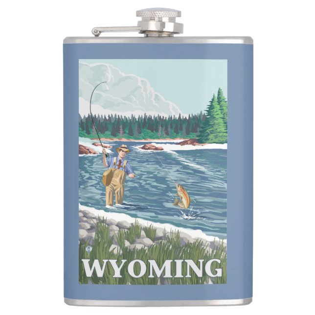 Fliege FishermanWyomingVintage Reise-Plakat Flachmann (Vorderseite)