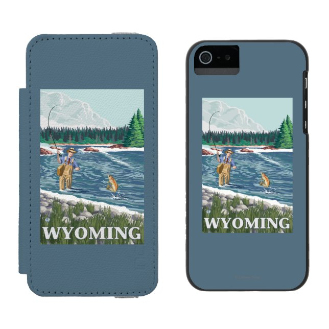Fliege FishermanWyomingVintage Reise-Plakat Incipio iPhone Geldbeutel-Hülle (Seite an Seite)