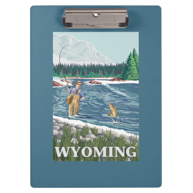 Fliege FishermanWyomingVintage Reise-Plakat Klemmbrett (Vorderseite)