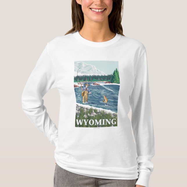 Fliege FishermanWyomingVintage Reise-Plakat T-Shirt (Vorderseite)