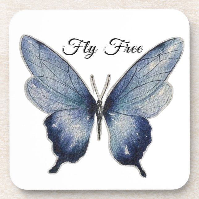 Fliege Frei – Blaue Schmetterlingskunst Getränkeuntersetzer (Vorderseite)