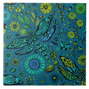 Fliege, Libelle auf blau Fliese