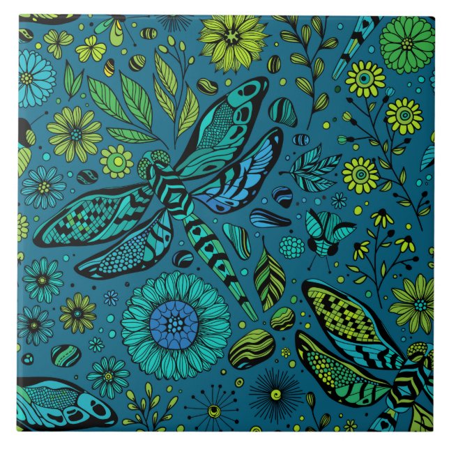 Fliege, Libelle auf blau Fliese (Vorderseite)