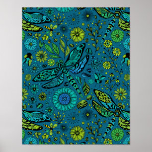 Fliege, Libelle auf blau Poster
