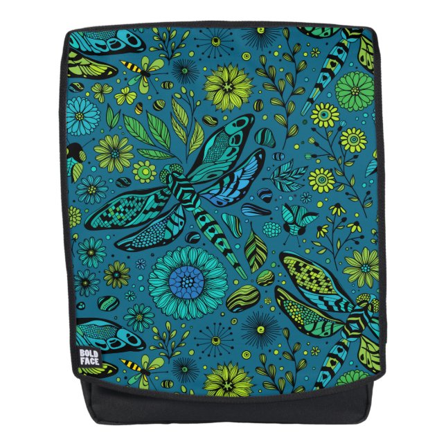 Fliege, Libelle auf blau Rucksack (Vorderseite)