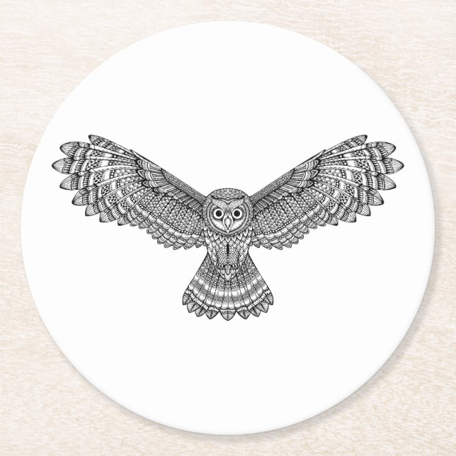 Fliegen-Eule Zendoodle Runder Pappuntersetzer (Vorderseite)