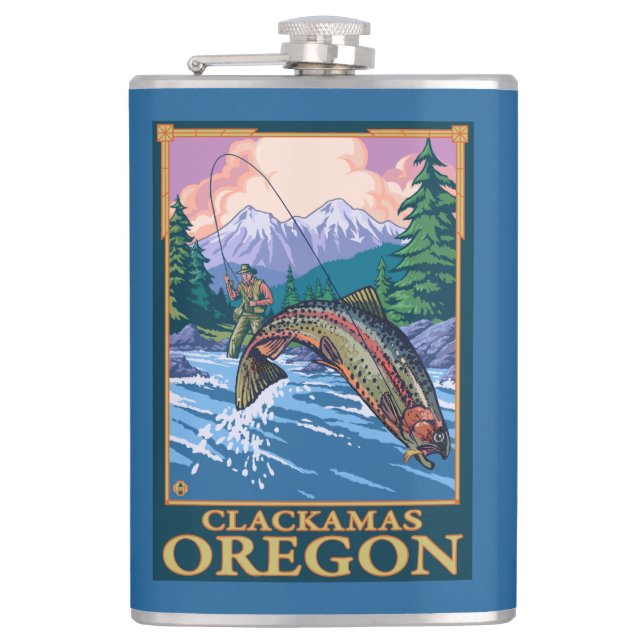 Fliegen-Fischen-Szene - Clackamas, Oregon Flachmann (Vorderseite)
