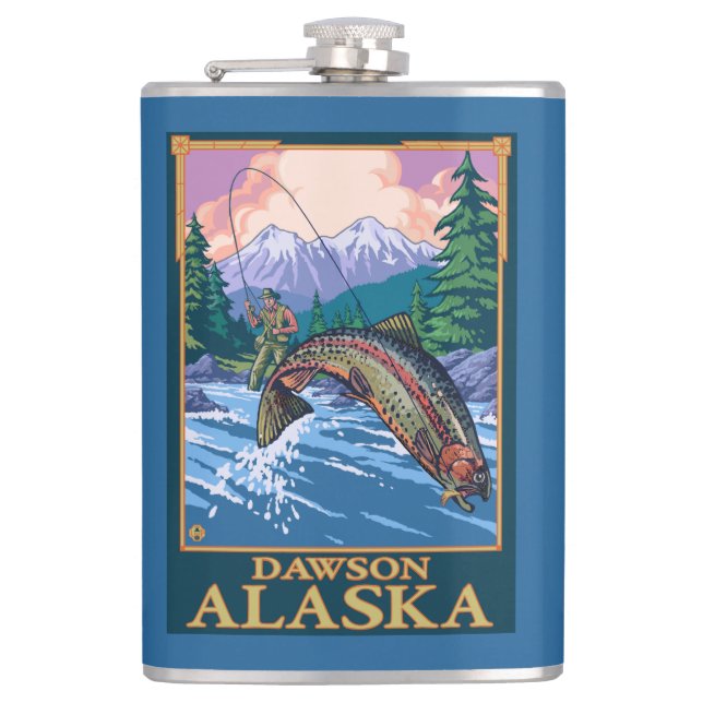 Fliegen-Fischen-Szene - Dawson, Alaska Flachmann (Vorderseite)