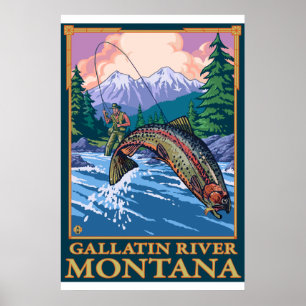 Fliegen-Fischen-Szene - Gallatin-Fluss, Montana Poster