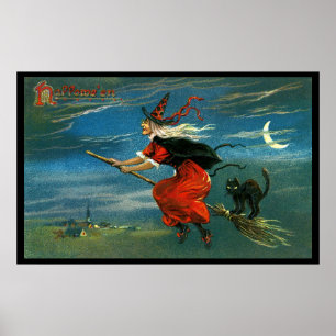 Fliegen-Halloween-Hexe mit Katze Poster