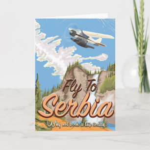 Fliegen nach Serbien Cartoon Reiseplakat Feiertagskarte