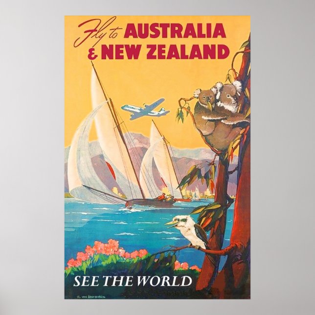 Fliegen Sie nach Australien und Neuseeland, sehen  Poster (Vorne)