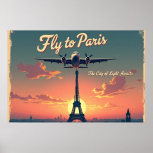 Fliegen Sie nach Paris –  24"x16" Vintage im Stil  Poster