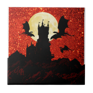 Fliegende Drachen, Klippenschloss, Vollmond, Fliese