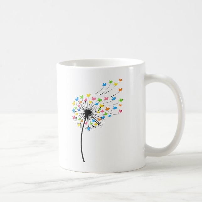 Fliegende farbenfrohe Vögel Löwenzahn Fluss Kaffeetasse (Rechts)