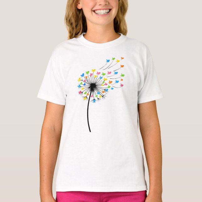 Fliegende farbenfrohe Vögel Löwenzahn Fluss T-Shirt (Vorderseite)