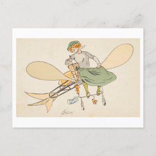 Fliegende Frau in einem Flugzeug Vintage Postkarte