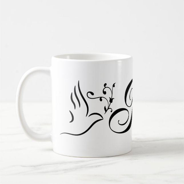 Fliegende Friedenstaube Olive Branch Weißer Hinter Kaffeetasse (Links)