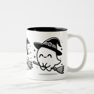 Fliegende Geisterhexe auf Besen Halloween-Tasse | Zweifarbige Tasse