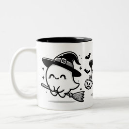 Fliegende Geisterhexe auf Besen Halloween-Tasse |  Zweifarbige Tasse