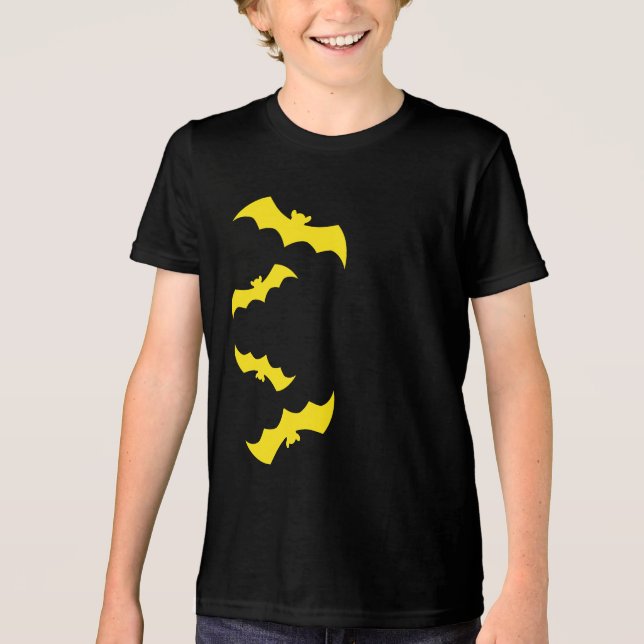 Fliegende gelbe Halloween-Fledermäuse Tri-Blend Shirt (Vorderseite)